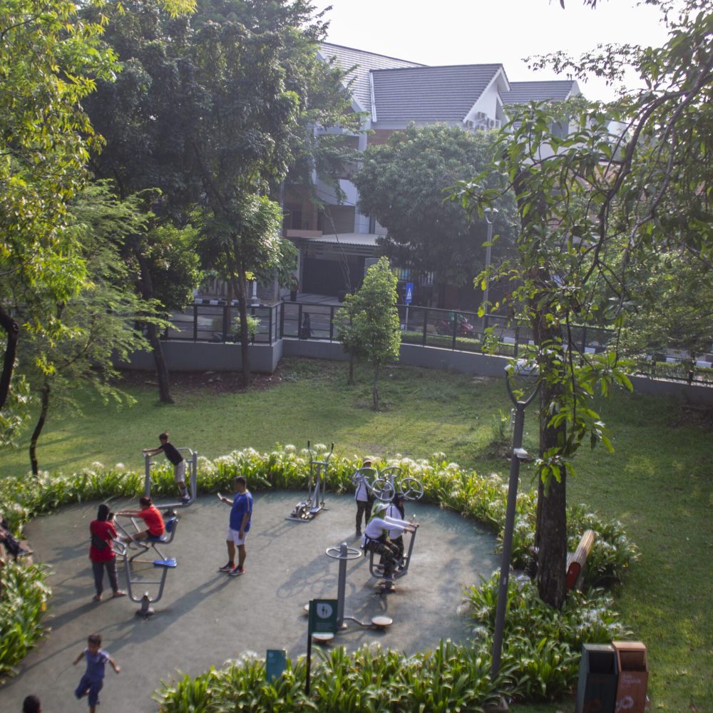 portrait of people exercising and gym in the park in the morning, adult and children, tebet eco park, jakarta